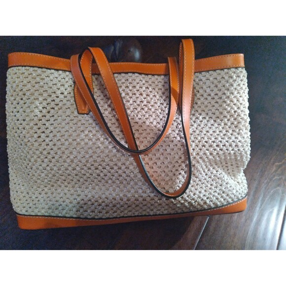 Woven Tote Bag, Tan Leather Trim, Stylish Handbag, Beach Bag - Picture 4 of 7